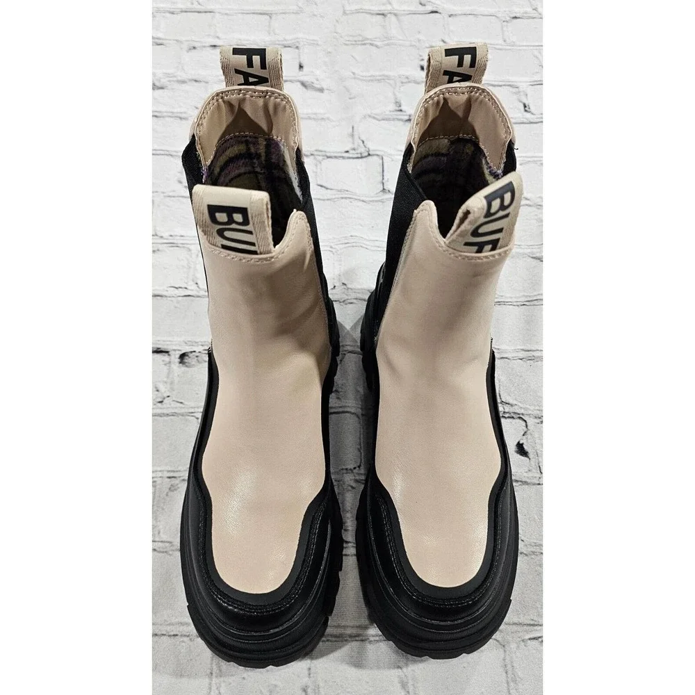 Buffalo Aspha Mid Vegan Leather Black Beige Chelsea Ankle Boots WOMENS SIZE 6.5